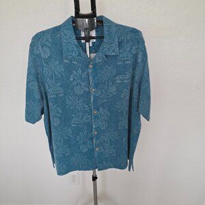 28 PALMS MENS XXL 100% SILK BLUE SHORT SLEEVE SHIRT TROPICAL DESIGNS IN DESIGN